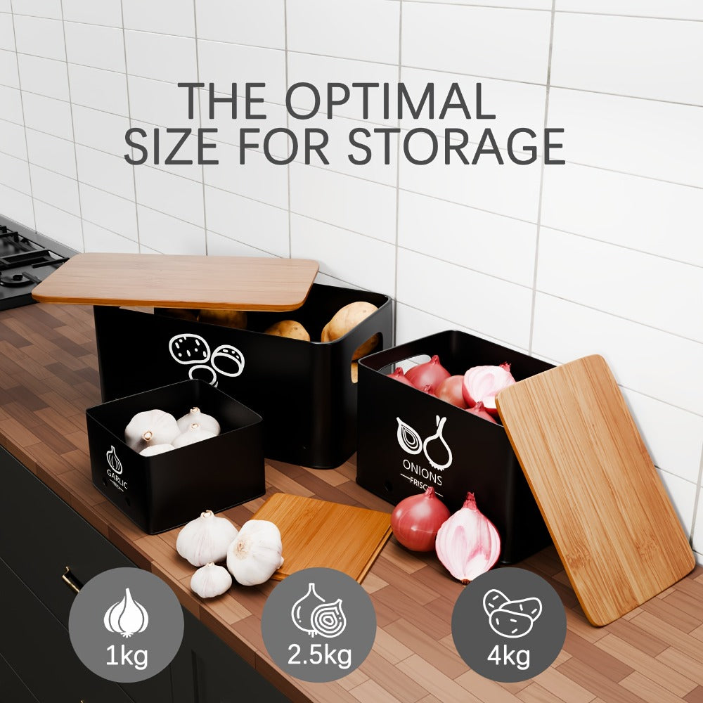 Vegetable Storage Box Set 3 Piece – Potato Onion Garlic Organizer Canisters with Flip-Top Lid, Metal Pantry Kitchen Food Storage Containers