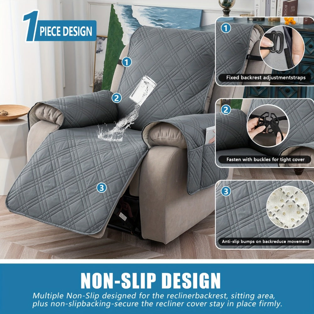 Chair Cover Quilted Recliner Throw with Side Pocket, Elastic Straps and Buckle in Ten Colors
