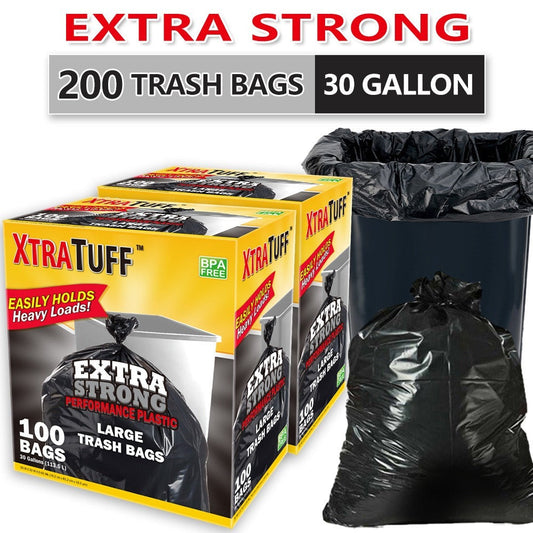 30 Gallon Trash Bags 200 Count – Black Large Garbage Bags, Ultra Strong Leak-Proof, 113.5L Heavy Duty Bags for Kitchen, Industrial, Garden & Commercial Use, 4 Rolls / 2 Boxes Value Pack