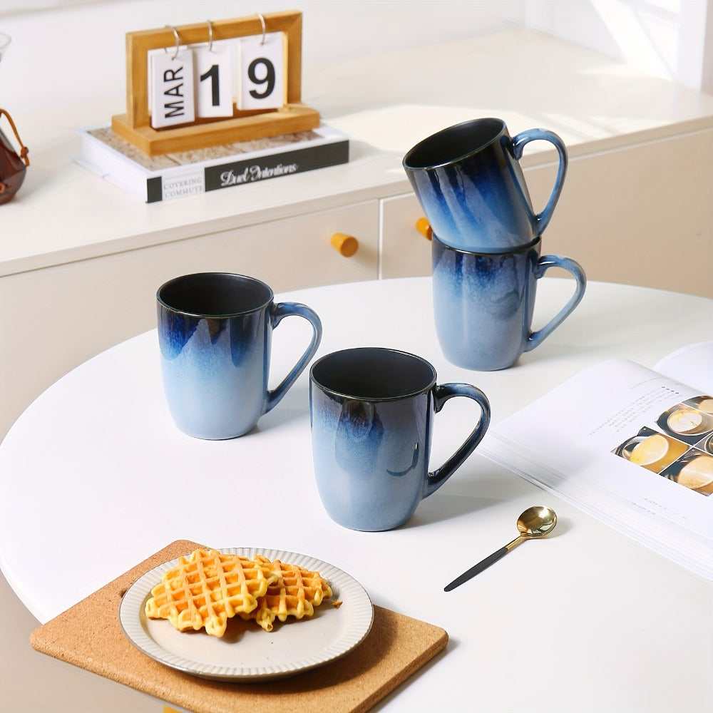 Six-Piece Blue Gradient Coffee Mug Set with Straight Handles and 14-Ounce Capacity Label Pictured