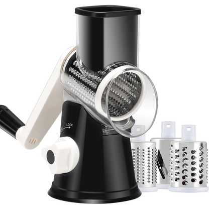 Rotary Cheese Grater – Stainless Steel Hand Crank Shredder with 3 Interchangeable Blades, Non-Slip Suction Base & Cleaning Brush, BPA-Free Vegetable Grater for Cheese, Nuts & Vegetables