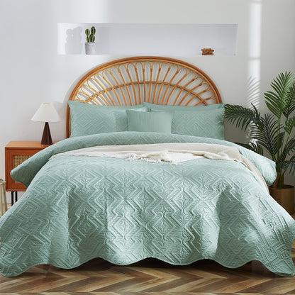 Rhombus-Pattern Three-Piece Bedspread Set in Khaki, Matcha, Blue and Grey with Twin to King Sizes