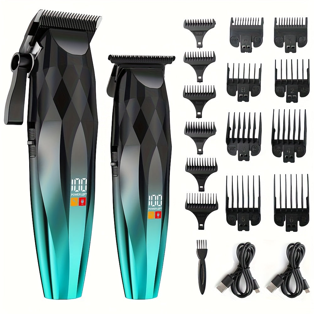 Hair Clipper and Beard Trimmer Cordless Two-Piece Set with 14 Guide Combs, Ceramic Blades and Three Colors