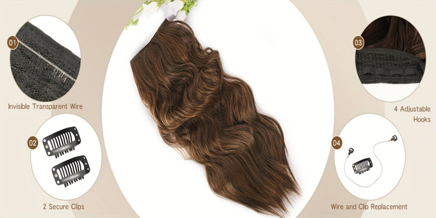 Hair Extensions Wavy 18-Inch Synthetic Halo Weft with Clear Wire, Two Clips and Ten Color Options