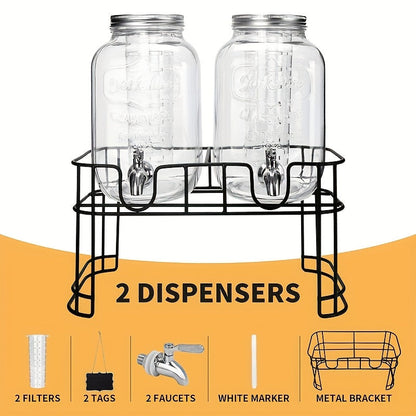 Glass Beverage Dispenser Set with Stand, 1-Gallon Square Glass Drink Dispenser with Stainless Steel Spigot & Ice Tube, Leak-Proof Lemonade Dispenser for Kitchen, Parties, Camping, 2pcs