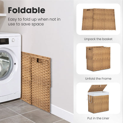 Woven Laundry Hamper with Hinged Lid, Removable Fabric Liner and Side Handles in Two Sizes and Brown or Gray