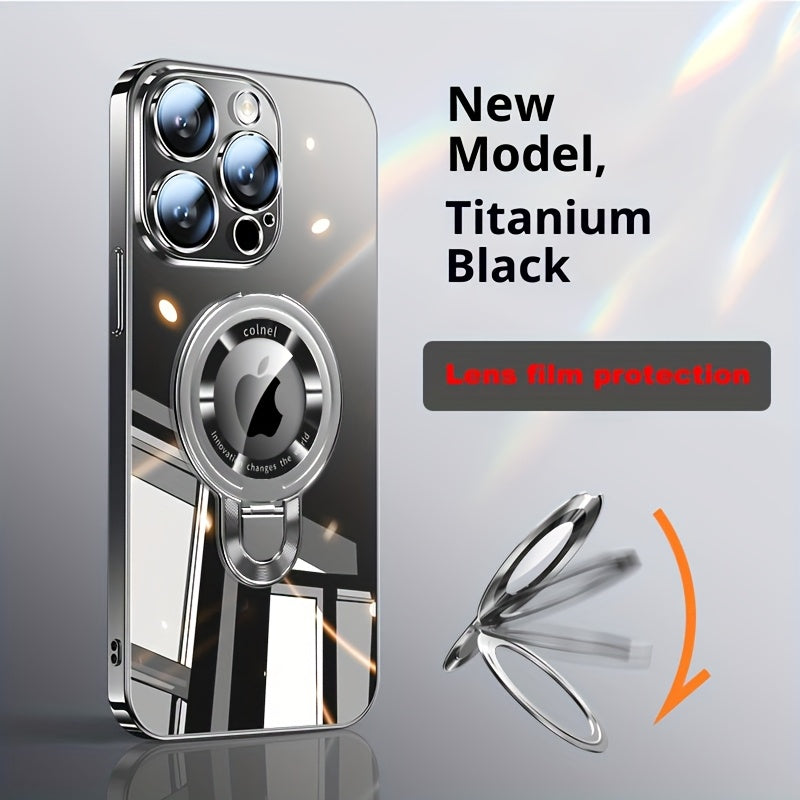Magnetic U-Shield Stand iPhone Case for iPhone 17 Pro Max 16 16 Pro Max Electroplated PC Transparent Back Shockproof Full Coverage Protective Cover with Kickstand