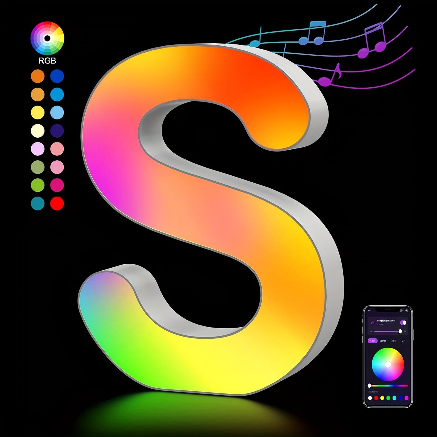 RGB LED Letter and Number Light with 38 Checkout Shapes, USB Power, App Control and Music Sync