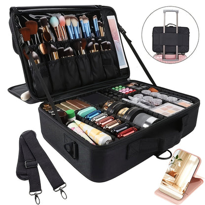 Black 15.8-Inch Soft Makeup Train Case with Three-Layer Interior, Brush Panel and Shoulder Strap