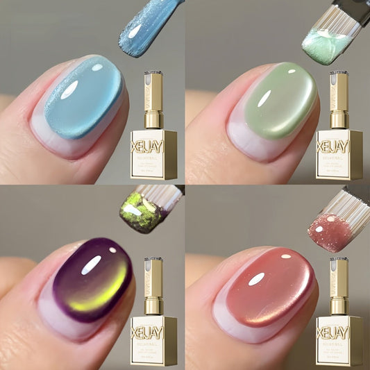 Reflective Holographic Cat Eye Gel Polish Set 4 Colors Shimmering Magnetic Soak-Off LED UV Nail Art Kit with Photo Frame Bottle for Salon DIY Manicure Women 0.51oz Each