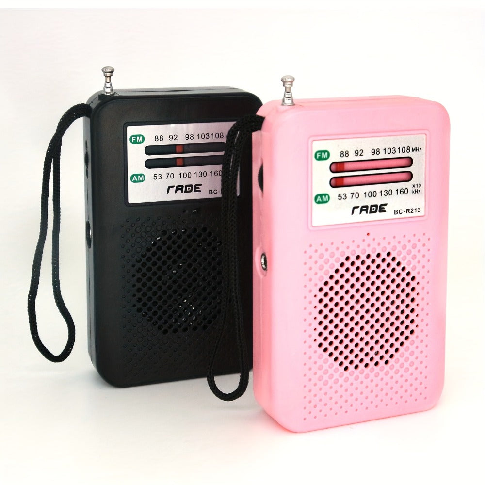 Pocket AM/FM Radio with Manual Tuner, Telescopic Antenna, Wrist Strap and Pink or Black Case