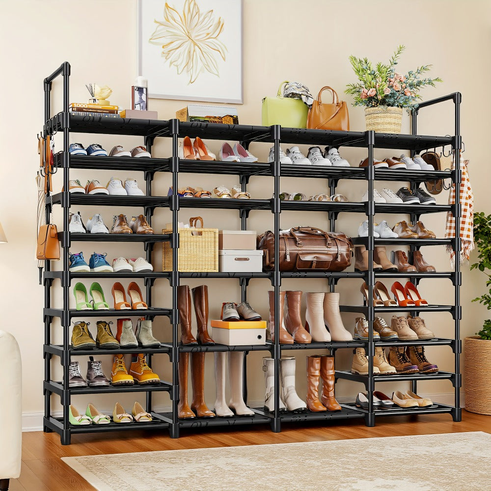 Shoe Rack 4-Row 9-Tier Metal Organizer for Up to 64 Pairs with Modular Black Freestanding Design