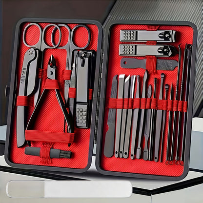Nail Grooming Tool Case with 10-, 17- or 24-Piece Set Options and Black-and-Red Interior for Home and Travel