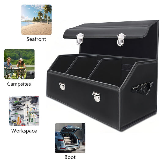 PU Leather Car Organizer Box Foldable Multi-Compartment – Large Capacity Storage for SUV, Truck, Camper & Car Interior, Durable Auto Cargo Organizer with Dividers