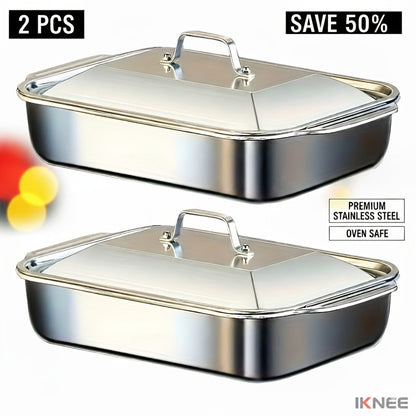 Stainless Steel Baking Pan Set 4-Piece – 2 Deep Roasting Pans & 2 Lidded Pans with Handles, 6-Liter Large Capacity 16.14" Rectangular Baking Pans for Lasagna, Fish, Chicken & Roasting – Dishwasher Safe