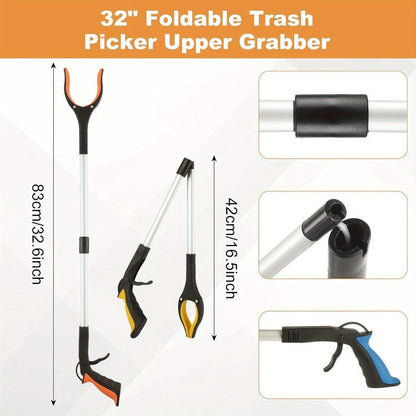 Thirty-Two-Inch Foldable Grabber Reacher Tool with Rotating Jaw, Magnetic Tip and Two- or Four-Piece Blue Sets