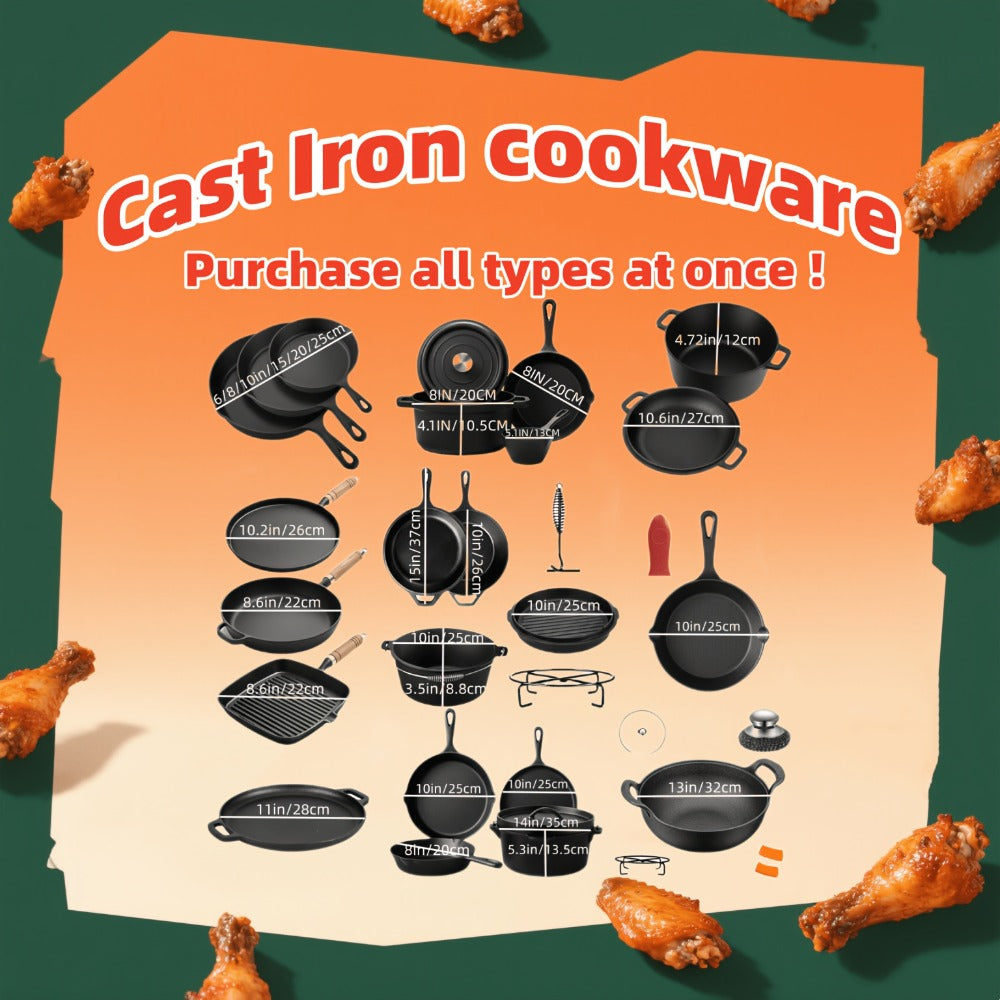 Cast Iron Cookware Collection with Eight Skillet, Dutch Pot, Griddle, Baking Tray and Set Configurations