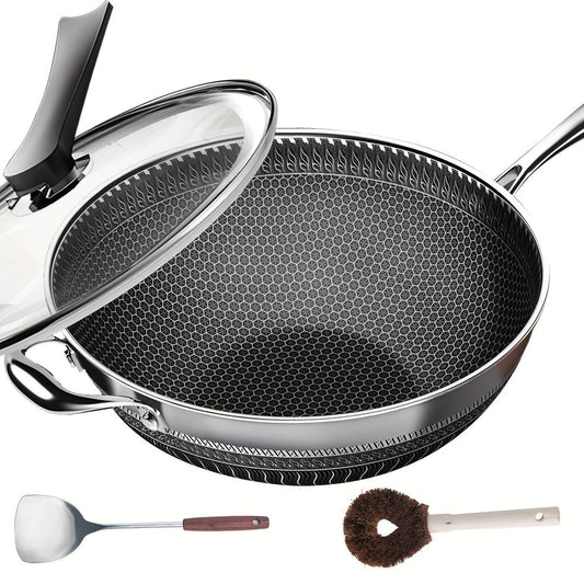 Stainless Steel Wok 13.3 Inch Honeycomb Non-Stick with Lid Spatula & Pot Brush – All Cooktop Compatible Stir Fry Pan | Induction Gas Electric Ceramic | Complete Kitchen Wok Set Cooking Accessories