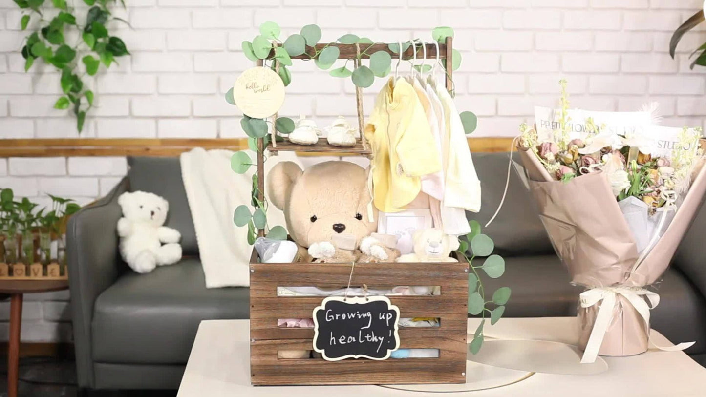 Wooden Gift Crate Basket with Carry Handle, Garland, Mini Swing, Hangers and Announcement Sign for Event Displays