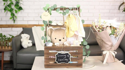 Wooden Gift Crate Basket with Carry Handle, Garland, Mini Swing, Hangers and Announcement Sign for Event Displays