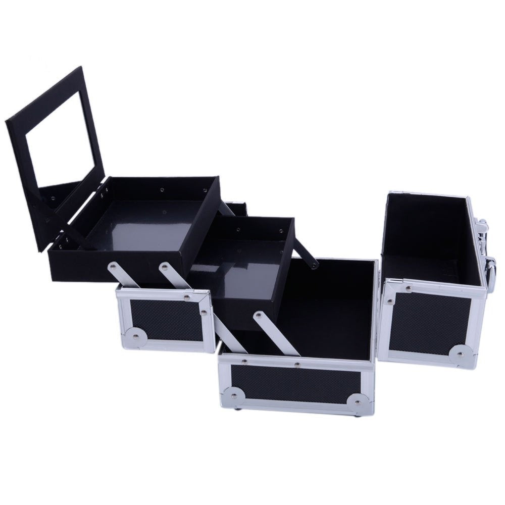 Tabletop Makeup Carry Case with Mirror, Fold-Out Trays and Dividers in Black, Silver or Pink