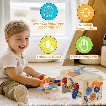 39-Piece Wooden Pretend Tool Set with Vest, Toolbox, Instruction Sheet and Six Example Builds