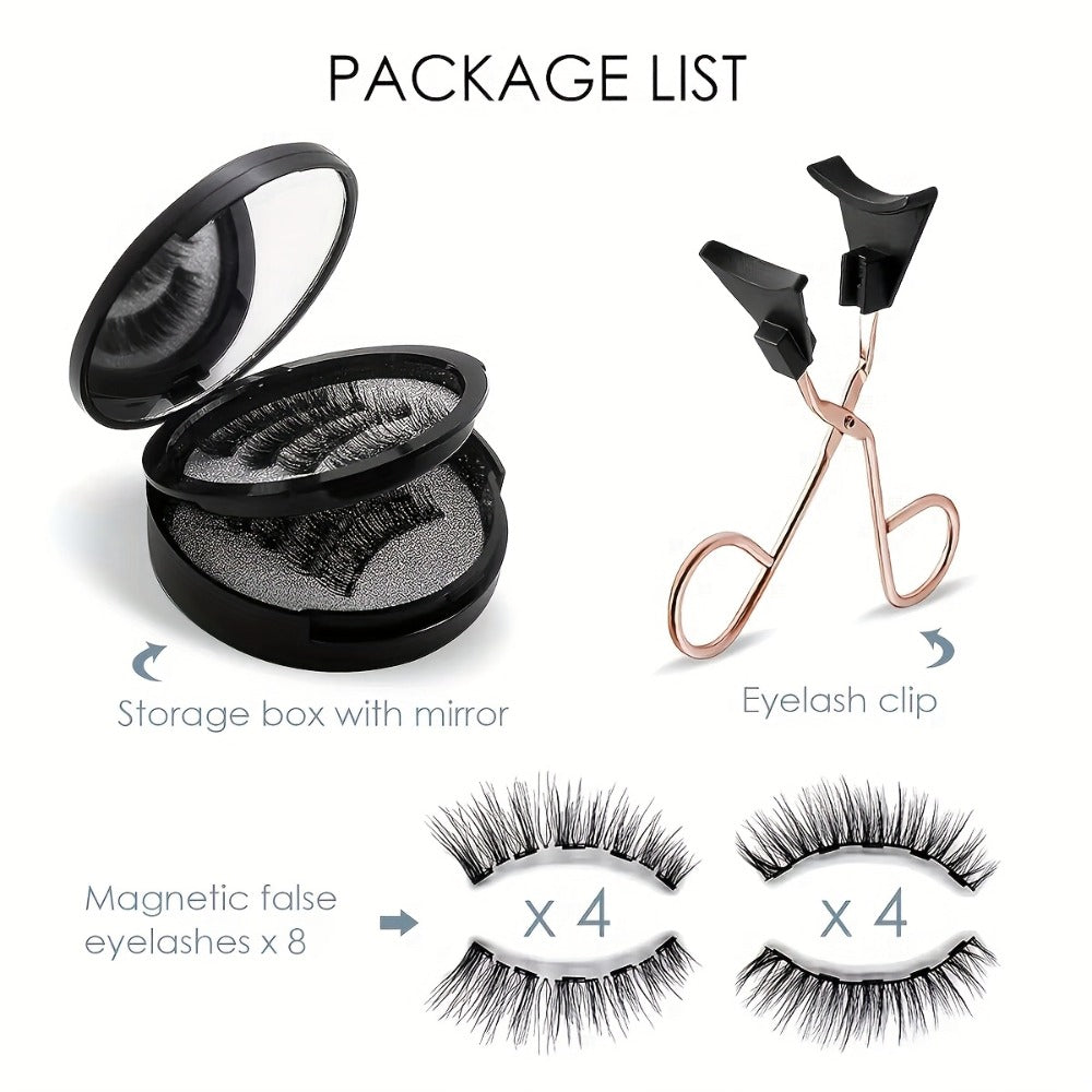 Magnetic False Eyelashes Kit with Eight Pairs, Round Storage Case and Metal Applicator Clip