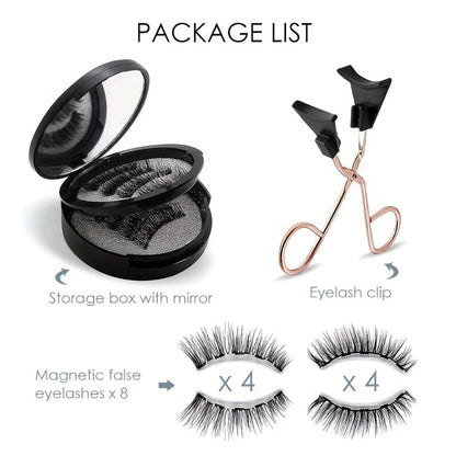 Magnetic False Eyelashes Kit with Eight Pairs, Round Storage Case and Metal Applicator Clip