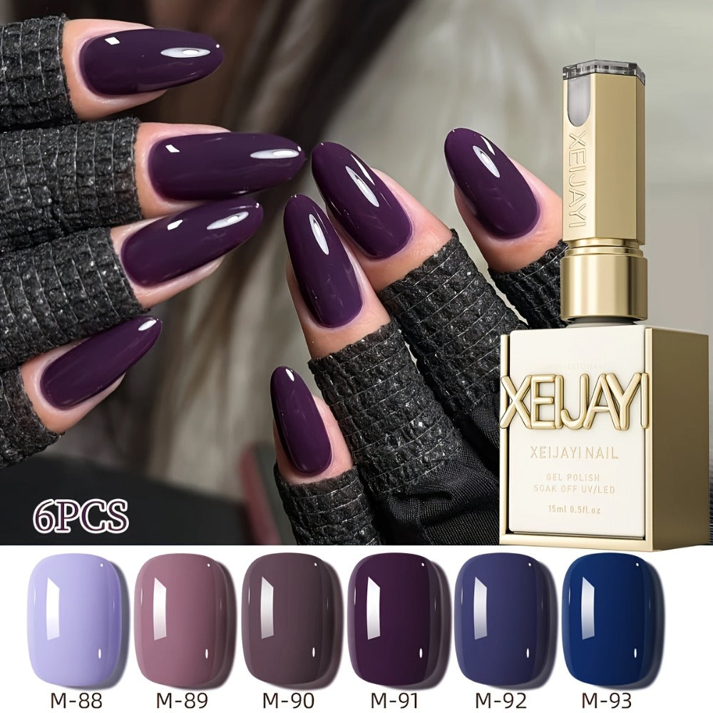 Gel Nail Polish Set 6 Colors Semi Permanent Soak Off UV LED - Long Lasting Electroplating Finish Nail Gel Kit for Salon & Home Use 0.51oz Each