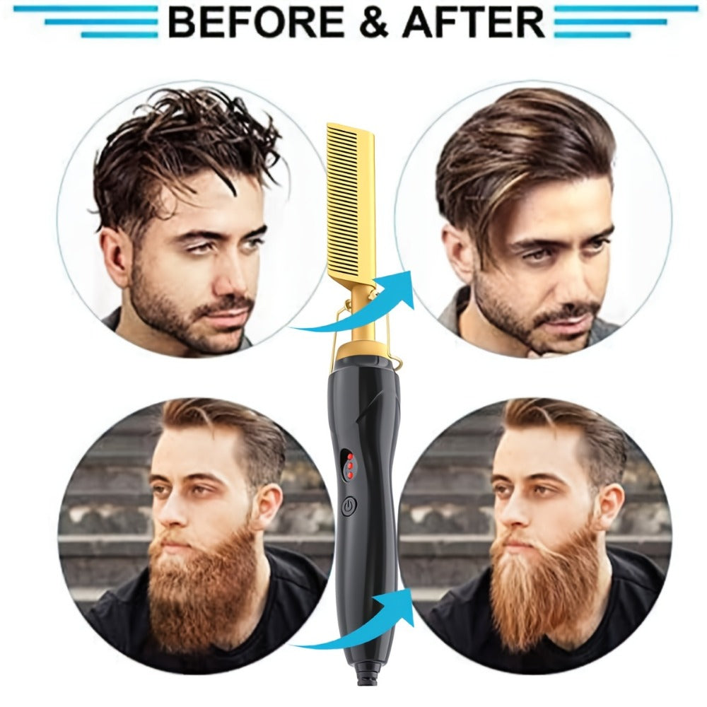 Electric Hot Comb Hair Straightener with Gold Titanium-Alloy Teeth, Detachable Guard and Adjustable Heat Controls