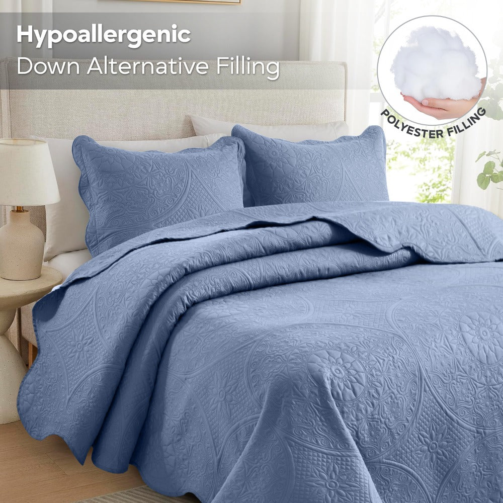 Quilted Bedspread Set 3 Piece – Soft Floral Coverlet with Pillow Shams, Lightweight Breathable Quilt for Bedroom & Guest Room, All Season Bed Cover