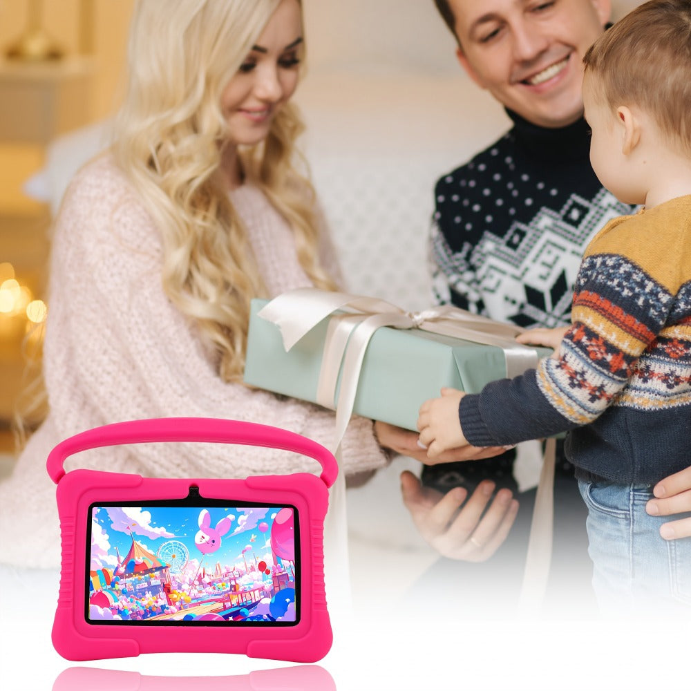 Kids Tablet 7 Inch Android 2GB RAM 16GB with Eye Protection Screen, Dual Camera, Silicone Case & Parental Controls – WiFi Learning Tablet Gift for Boys & Girls Ages 3-10, Pink / Light Blue