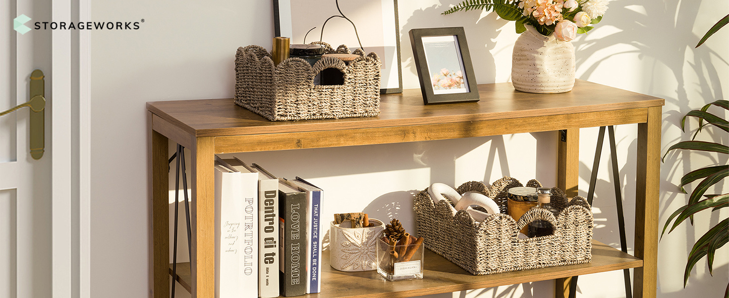 Scalloped Wicker Baskets Set of 2 - Water Hyacinth & Seagrass Woven Rattan Basket with Handles for Shelf, Nursery, Bathroom, Living Room Boho Decor