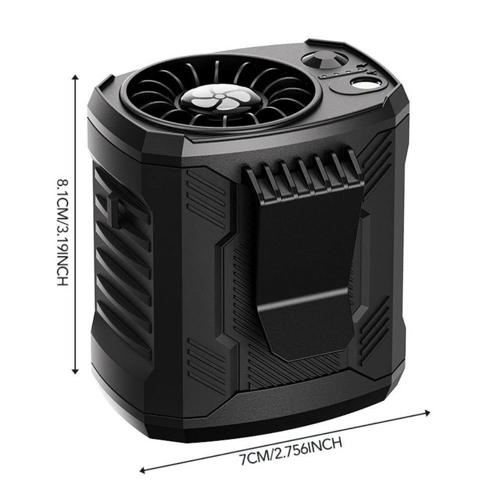 Wearable Clip Fan with Four Speed Settings, Black Housing and Optional Support Stand for Waist, Seat or Desk Use