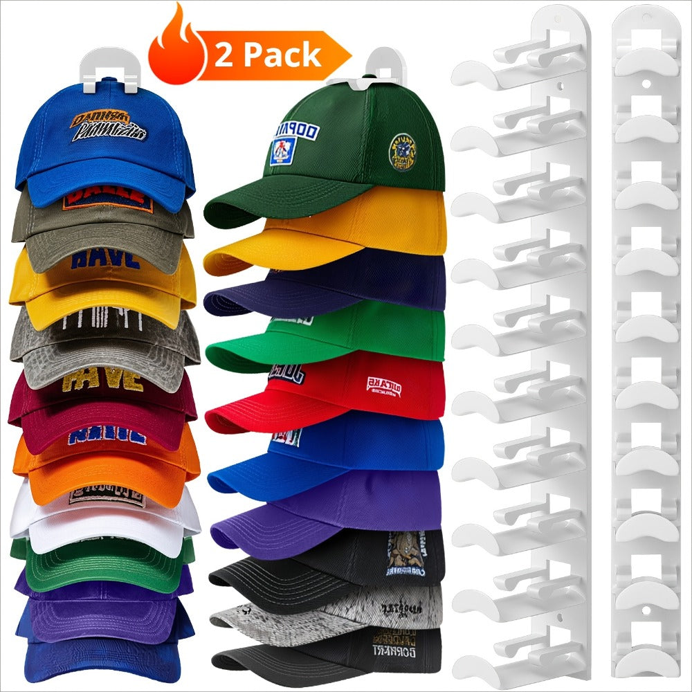 Wall Mounted Hat Rack for Baseball Caps – Adhesive or Drill Mount, Holds 20 Hats, Multilayer Storage, 2pcs