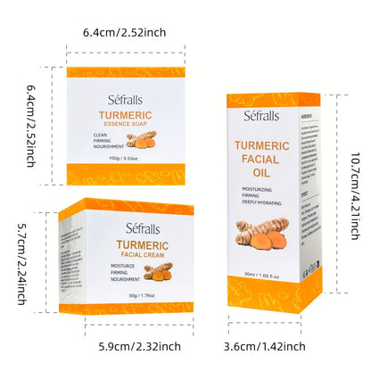 Three-Piece Turmeric-Labeled Skin Care Set with 100 g Soap, 50 g Cream and 1.01 oz Oil for Daily Routines