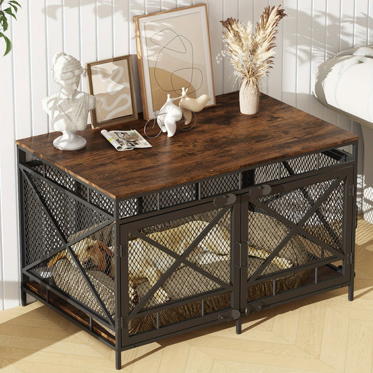 43-Inch Corner Dog Crate Furniture with Vintage Wood-Look Top, Metal Mesh Sides and Side Doors