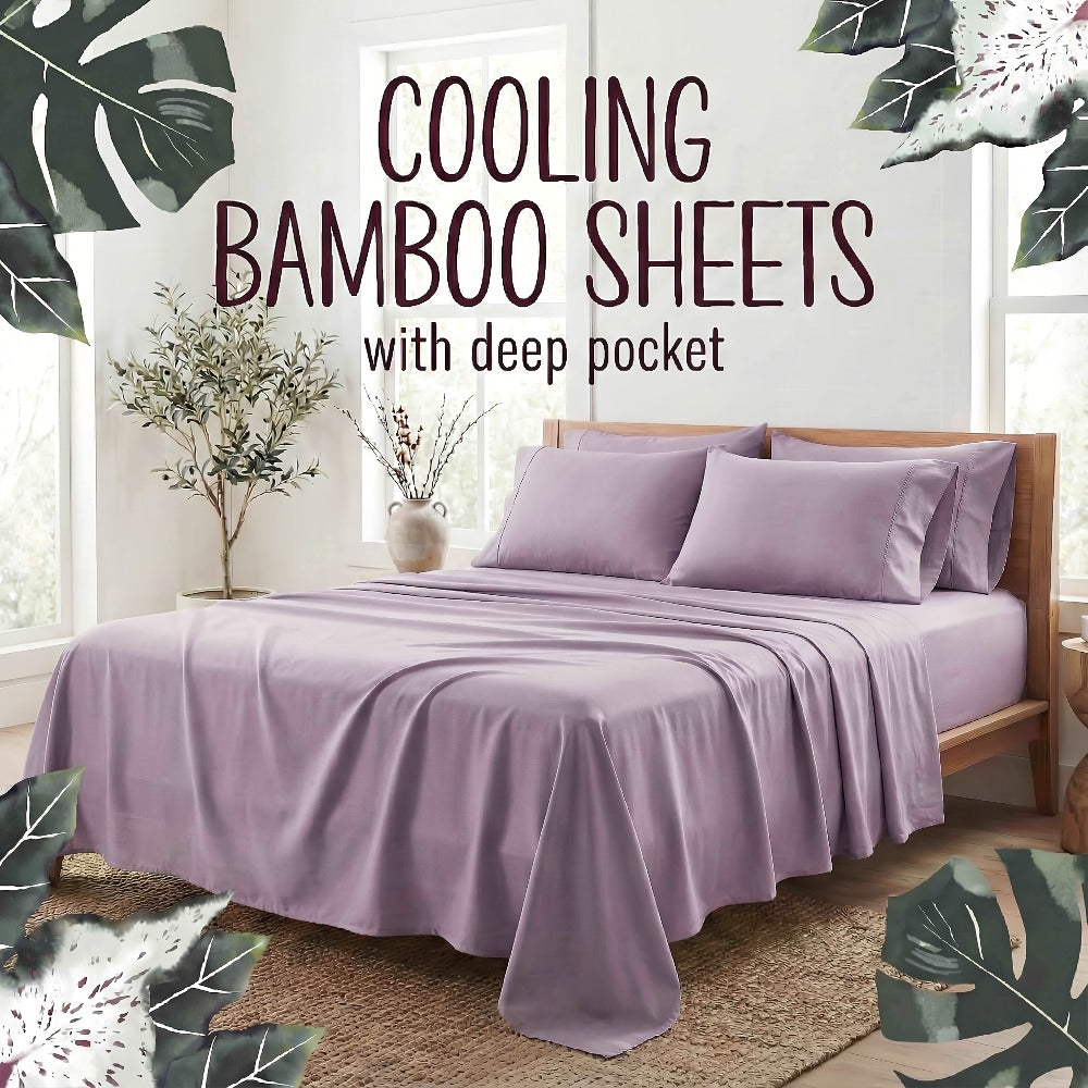 Bed Sheet Set 4-Piece Bamboo Fiber with Deep-Pocket Fitted Sheet, Four Sizes and Twelve Color Options
