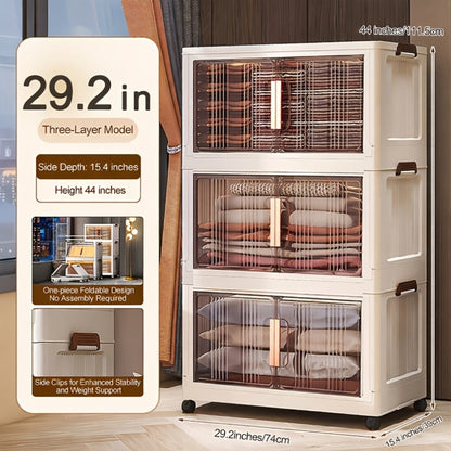 Storage Cabinet Folding Plastic Organizer with Magnetic Doors, Lockable Wheels and Three to Five Tiers