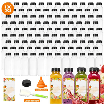 Reusable Juice Bottle Set, Clear Plastic 12oz or 16oz Drink Containers with Lids, Funnel and Cleaning Brush