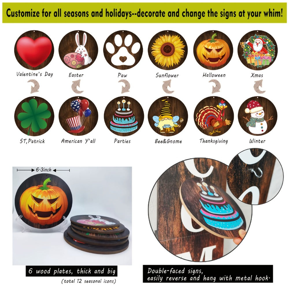 Seasonal Welcome Porch Sign with 12 Interchangeable Icons, 47-Inch Leaner Board in Six Color Options