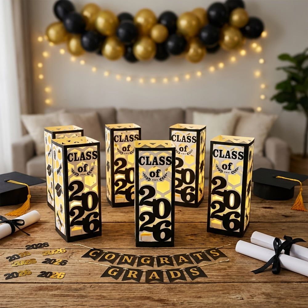 Six-Piece Class of 2026 Graduation Centerpiece Set with Paper Lantern Boxes in Six Color Themes
