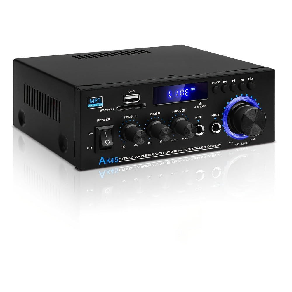 AK45 Two-Channel Bluetooth Home Audio Amplifier with FM, Karaoke Inputs, USB, MMC and SD Card Playback Options