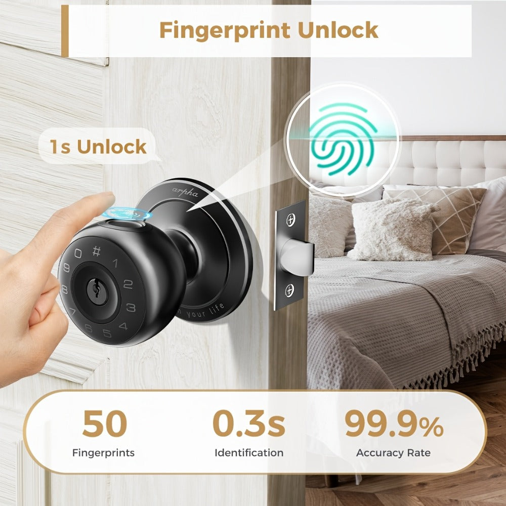 Smart Door Lock Arpha Round Knob with Fingerprint Keypad App and Mechanical Key Access in Black