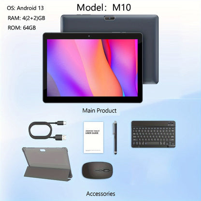 Android Tablet 10-Inch 2-in-1 with 1280x800 IPS Display, 64GB Internal Storage and Keyboard Bundle Options