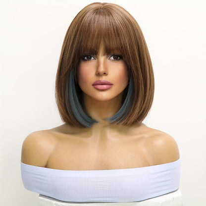Synthetic Wig 12-Inch Straight Bob with Bangs and Rose Net Cap in Four Color Finishes for Daily Style