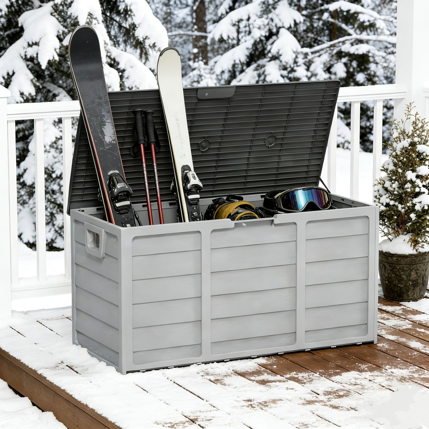 75-Gallon Low-Profile Outdoor Storage Box in Black with Hinged Lid, Side Handles and 41.4 x 18 x 21.3-Inch Size