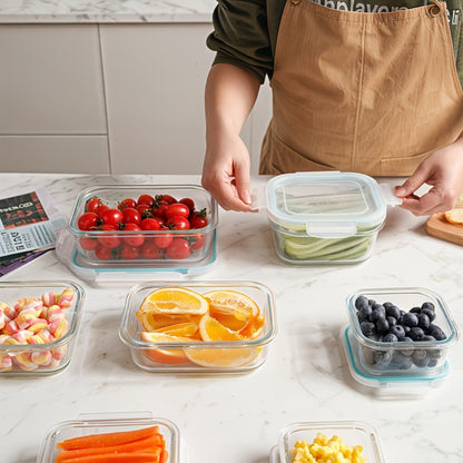 Sixteen-Piece Glass Food Storage Set with Eight Bowls and Eight Lids in Four Color Configurations