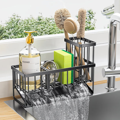 Black Sink Caddy with Drain Tray, Hanging Dishcloth Bar, Brush Holder and 23.5 cm Countertop Width