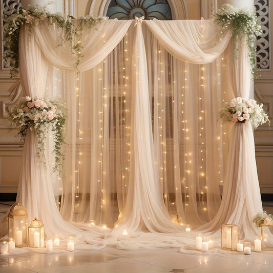 Champagne Tulle Backdrop with String Lights 5.2x10Ft 2pcs Sheer Curtain Photo Booth Props Wedding Party Background Decoration Non-Porous